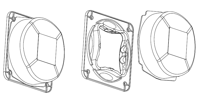 Image Drawing & Mounting (2/2) poignée TLHP Poignée ergonomique encastrable en deux parties (façade + cuvette), plastique ABS noir, façade 153.7 x 153.7 mm, profondeur totale 55.5 mm