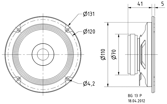 drawing & mounting du haut parleur bicône Visaton Haut-parleur bicône Visaton BG 13 P, 8 ohm, 13 cm