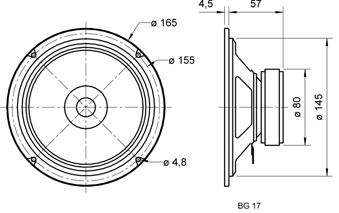 drawing & mounting du haut parleur bicône Visaton Haut-parleur bicône Visaton BG 17, 8 ohm, 16.5 cm