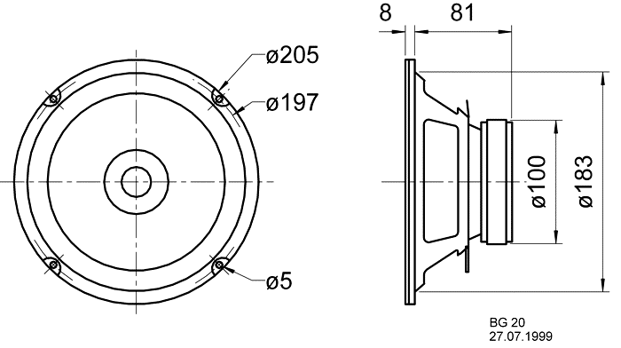 Image Dimensions & Montage haut parleur bicône Visaton Haut-parleur bicône Visaton BG 20, 8 ohm, 20.5 cm