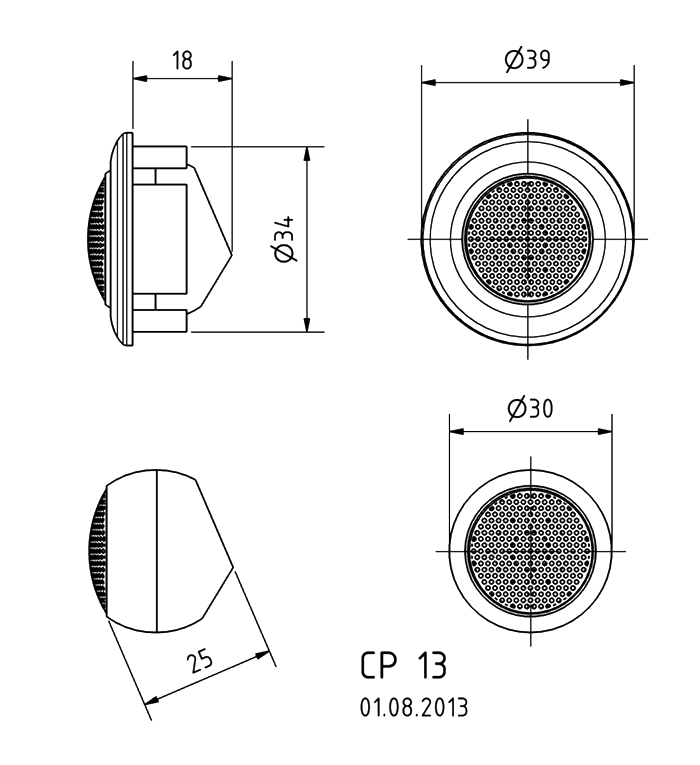 drawing & mounting du tweeter à cône Visaton Paire de tweeter à cône Visaton CP 13, 4 ohm, bobine 13 mm