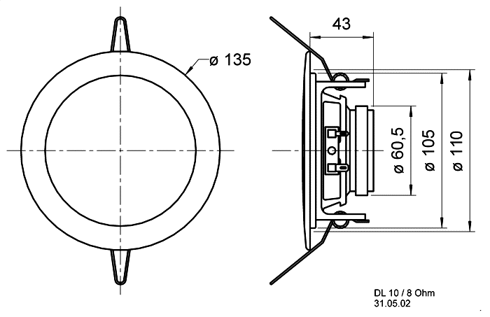 drawing & mounting du ceiling speaker Visaton Haut-parleur à encastrer Visaton DL 10, 135 mm, 8 ohm