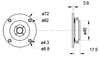drawing & mounting du tweeter à dôme Visaton Tweeter à dôme Visaton DTW 72, 8 ohm, bobine 14 mm