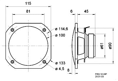 drawing & mounting du haut parleur à cône Visaton Haut-parleur étanche Visaton FRS 10 WP, 8 ohm, noir, 115 x 115 mm