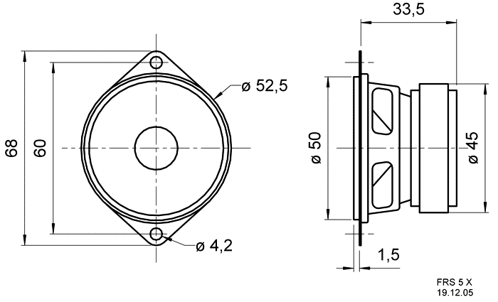 Image Dimensions & Montage haut parleur à cône Visaton Haut-parleur large-bande Visaton FRS 5 X, 8 ohm, 52.5 / 68 mm