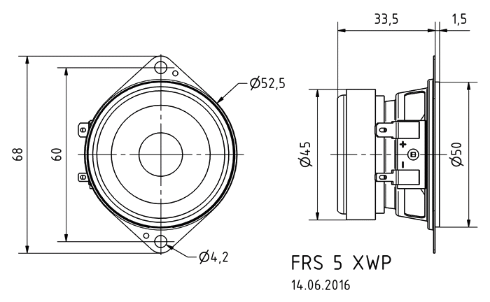 Image Drawing & Mounting haut parleur à cône Visaton Haut-parleur large-bande Visaton FRS 5 XWP, 68 x 52.5 mm, 8 ohm
