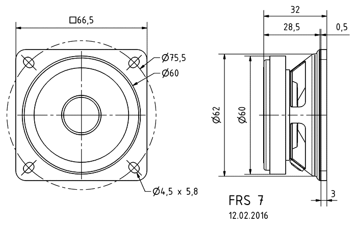 Image Drawing & Mounting haut parleur à cône Visaton Haut-parleur large-bande Visaton FRS 7, 4 ohm, 66.5 x 66.5 mm