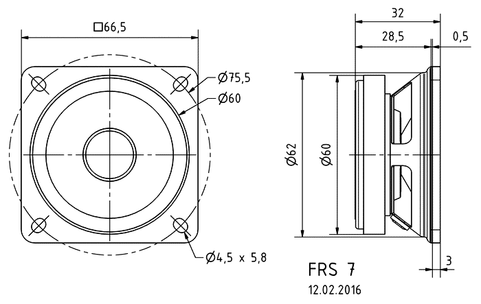 drawing & mounting du haut parleur à cône Visaton Haut-parleur large-bande Visaton FRS 7, 4 ohm, 66.5 x 66.5 mm