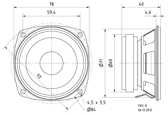 Image Drawing & Mounting haut parleur à cône Visaton Haut-parleur large-bande Visaton FRS 8, 4 ohm, 78 / 93 mm