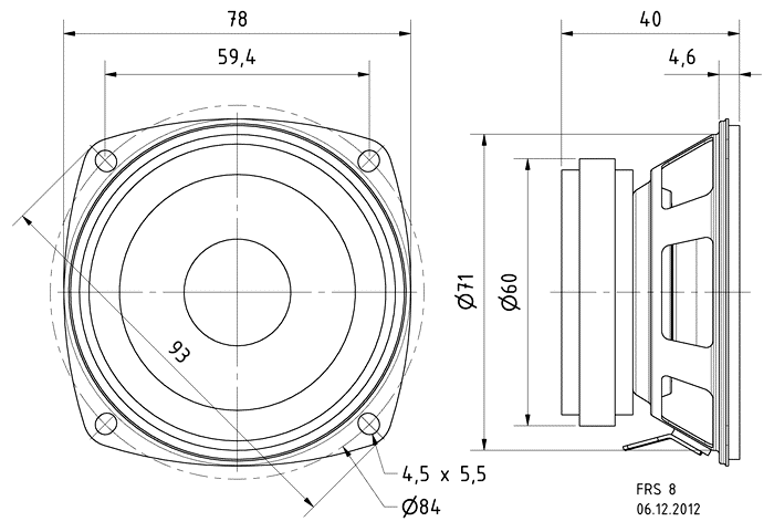 drawing & mounting du haut parleur à cône Visaton Haut-parleur large-bande Visaton FRS 8, 4 ohm, 78 / 93 mm