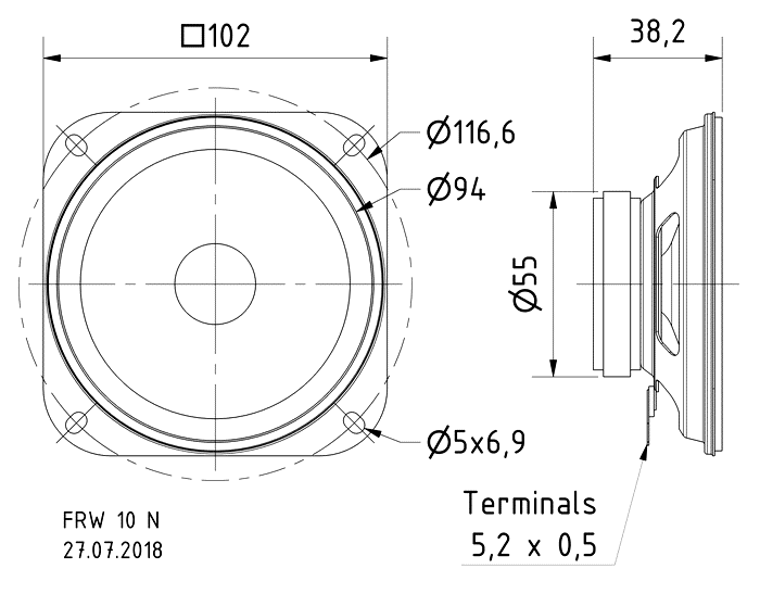 drawing & mounting du haut parleur à cône Visaton Haut-parleur large-bande Visaton FRW 10 N, 102 x 102 mm, 8 ohm