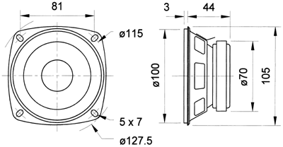 drawing & mounting du haut parleur à cône Visaton Haut-parleur large-bande Visaton FR 10, 4 ohm, 81 / 127.5 mm