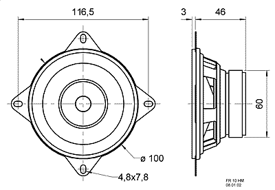 drawing & mounting du haut parleur bicône Visaton Haut-parleur large-bande bicône Visaton FR 10 HM, 4 ohm, 100 / 129 mm