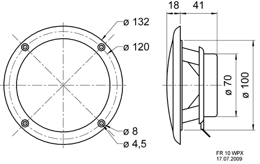 drawing & mounting du haut parleur à cône Visaton Haut-parleur étanche résistant au sel, Visaton FR 10 WPX, 4 ohm, noir, 132 mm