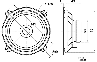 drawing & mounting du haut parleur bicône Visaton Haut-parleur bicône Visaton FR 13, 4 ohm, 129 / 149 mm