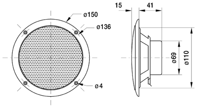 drawing & mounting du haut parleur à cône Visaton Haut-parleur étanche Visaton FR 13 WP, 4 ohm, blanc, 150 mm
