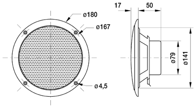 drawing & mounting du haut parleur à cône Visaton Haut-parleur étanche Visaton FR 16 WP, 4 ohm, blanc, 180 mm