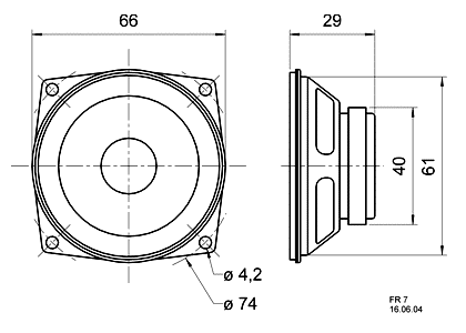 Image Dimensions & Montage haut parleur à cône Visaton Haut-parleur large-bande Visaton FR 7, 4 ohm, 66 x 66 mm