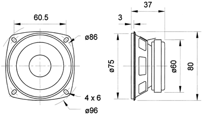 Image Drawing & Mounting haut parleur à cône Visaton Haut-parleur large-bande Visaton FR 8, 4 ohm, 75 / 96 mm