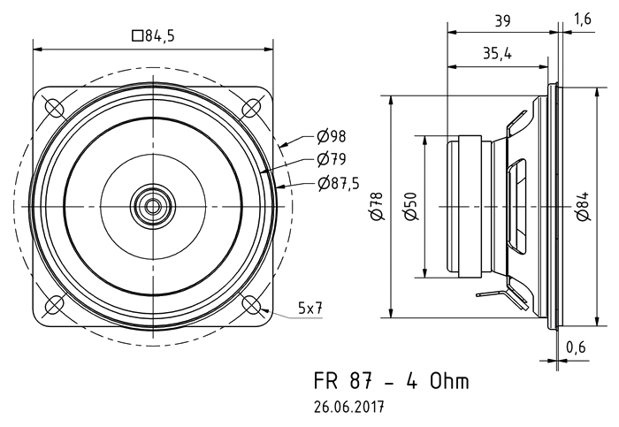 Image Drawing & Mounting haut parleur à cône Visaton Haut-parleur large-bande Visaton FR 87, 4 ohm, 84.5 x 84.5 mm