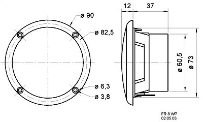 Image Drawing & Mounting haut parleur à cône Visaton Haut-parleur étanche Visaton FR 8 WP, 8 ohm, blanc, 90 mm