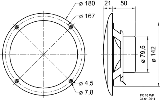 drawing & mounting du haut parleur à cône Visaton Paire de haut-parleurs étanche et résistant au sel, Visaton FX 16 WP, 4 ohm, blanc, 180 mm