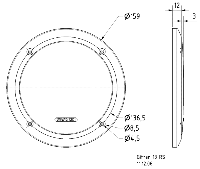 drawing & mounting du grille Visaton Grille Visaton 159 mm, pour FR 13, FX 13 et PX 13