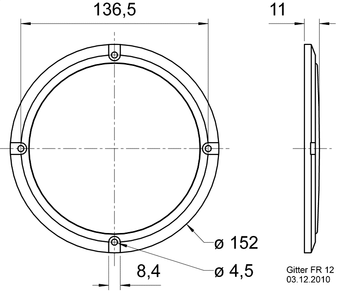 drawing & mounting du grille Visaton Grille Visaton 152 mm, pour FR 12