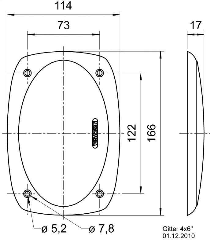 drawing & mounting du grille Visaton Grille Visaton 114 x 166 mm, pour DX 4X6 P et FR 9.15