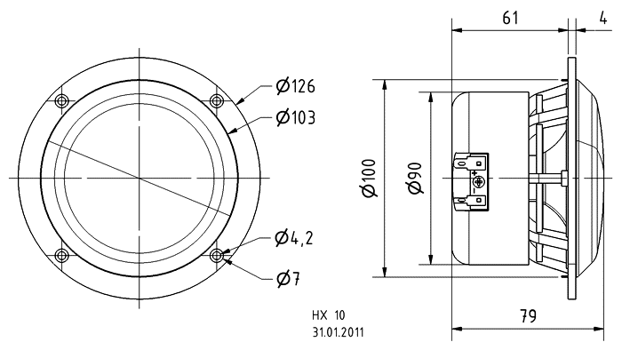 Image Dimensions & Montage haut-parleur coaxial (une entrée) Visaton Haut-parleur coaxial Visaton HX 10, 4 ohm, 126 mm