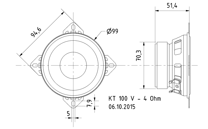 drawing & mounting du haut parleur à cône Visaton Haut-parleur Visaton KT 100 V, 94.6 x 94.6 mm, 4 ohm