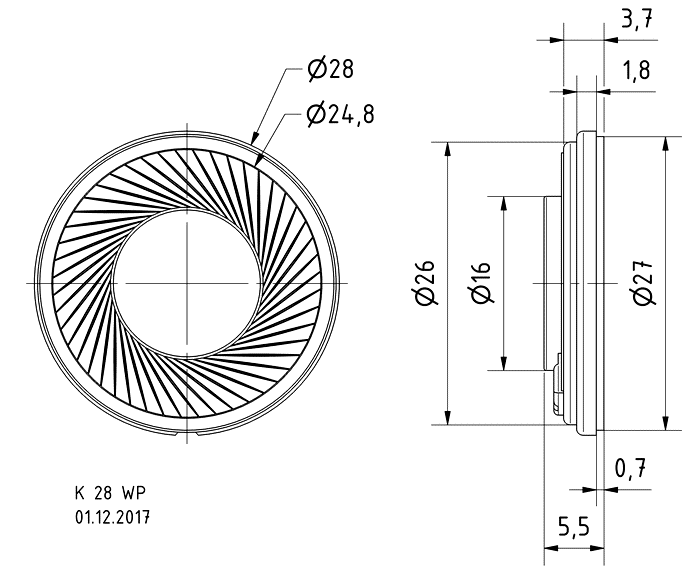 Image Dimensions & Montage haut parleur à cône Visaton Haut-parleur miniature Visaton K 28 WP, 8 ohm, 28 mm