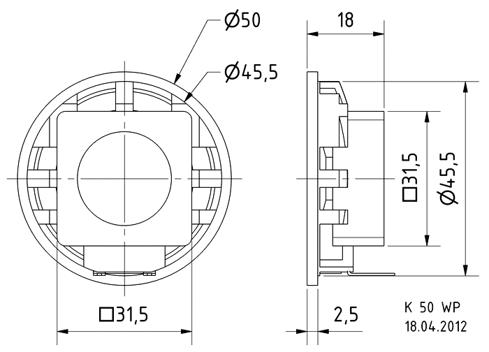 Image Drawing & Mounting haut parleur à cône Visaton Haut-parleur Visaton K 50 WP, 8 ohm, 50 mm