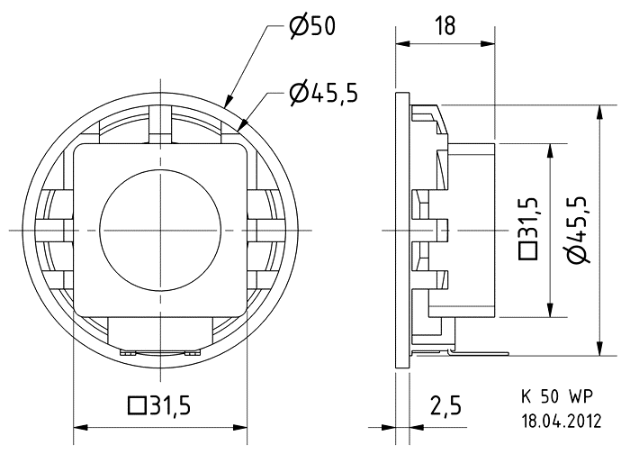 drawing & mounting du haut parleur à cône Visaton Haut-parleur Visaton K 50 WP, 8 ohm, 50 mm