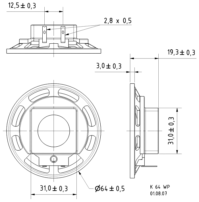 Image Drawing & Mounting haut parleur à cône Visaton Haut-parleur Visaton K 64 WP, 8 ohm, 64 mm