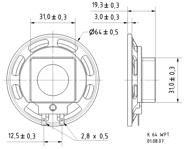 Image Dimensions & Montage haut parleur à cône Visaton Haut-parleur Visaton K 64 WPT, 8 ohm, 64 mm