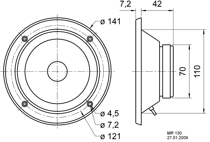 drawing & mounting du haut parleur à cône Visaton Haut-parleur de médium clos Visaton MR 130, 8 ohm, 141 mm