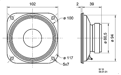 drawing & mounting du haut parleur à cône Visaton Haut-parleur médium clos Visaton M 10, 8 ohm, 102 x 102 mm
