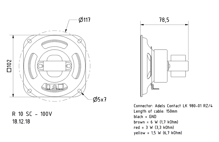 drawing & mounting du haut parleur à cône Visaton Haut-parleur large-bande Visaton R 10 S, 100V, 102 x 102 mm