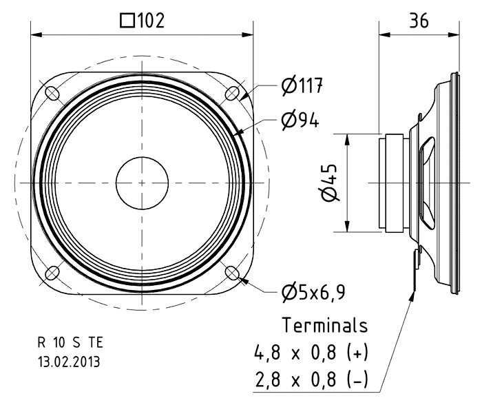 Image Dimensions & Montage haut parleur à cône Visaton Haut-parleur large-bande Visaton R 10 S TE, 8 ohm, 102 x 102 mm