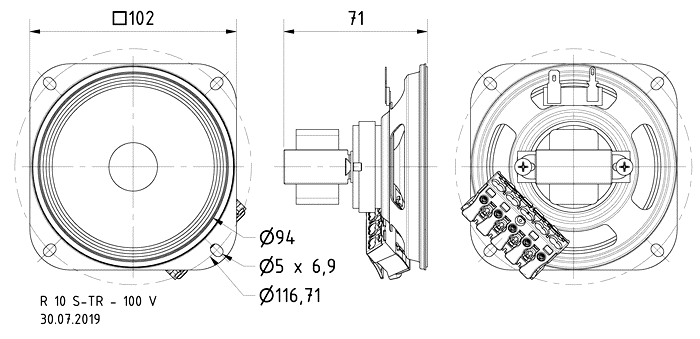 drawing & mounting du hp 100v Visaton Haut-parleur large-bande Visaton R 10 S TR, 102 x 102 mm, 100 V