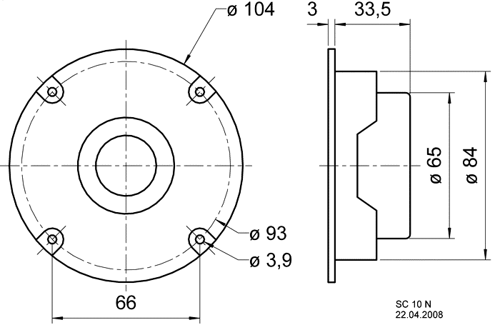 drawing & mounting du tweeter à dôme Visaton Tweeter à dôme Visaton SC 10 N, 8 ohm, façade 104 mm, bobine 1 pouce