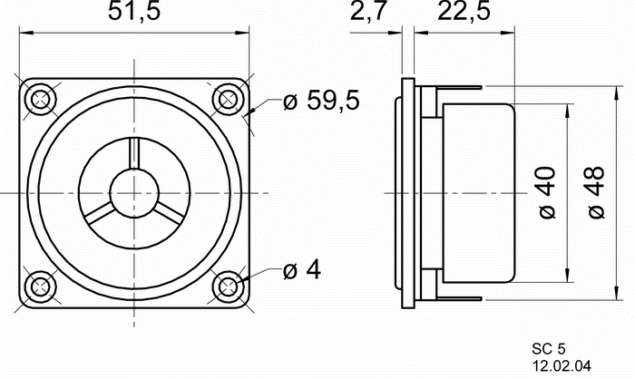 drawing & mounting du tweeter à dôme Visaton Tweeter à dôme blindé Visaton SC 5, 8 ohm, bobine 13 mm, façade 51.5 x 51.5 mm