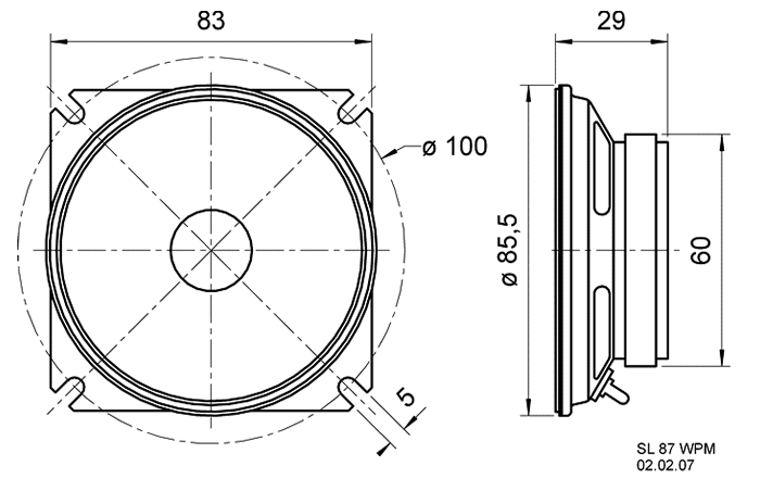 drawing & mounting du haut parleur à cône Visaton Haut-parleur étanche Visaton SL 87 WPM, 4 ohm, 83 x 83 mm