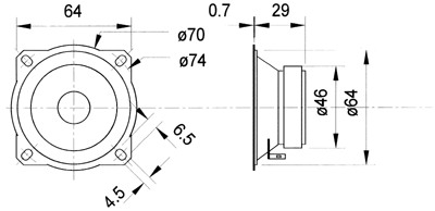 drawing & mounting du tweeter à cône Visaton Tweeter à cône Visaton TW 70, 8 ohm, 70 x 70 mm