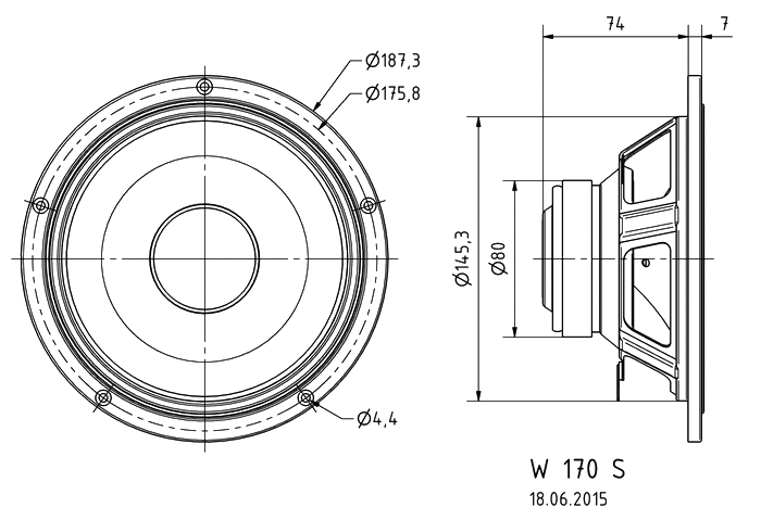 Image Dimensions & Montage haut parleur à cône Visaton Haut-parleur Visaton W 170 S, 8 ohm, 187 mm