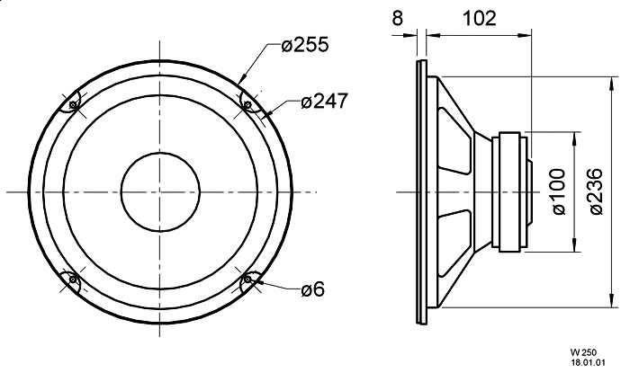 Image Dimensions & Montage haut parleur à cône Visaton Haut-parleur Visaton W 250, 8 ohm, 255 mm