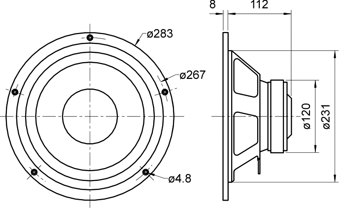 Image Dimensions & Montage haut parleur à cône Visaton Haut-parleur Visaton W 250 S, 8 ohm, 283 mm
